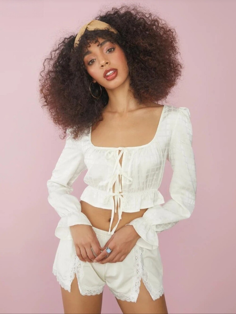 Sugar Thrillz Ivory Satin Cropped Tie-Front Top Small Coquette Whimsigoth